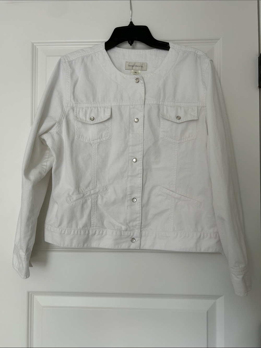 Susan Bristol White Collarless Snap-Front Jean Jacket